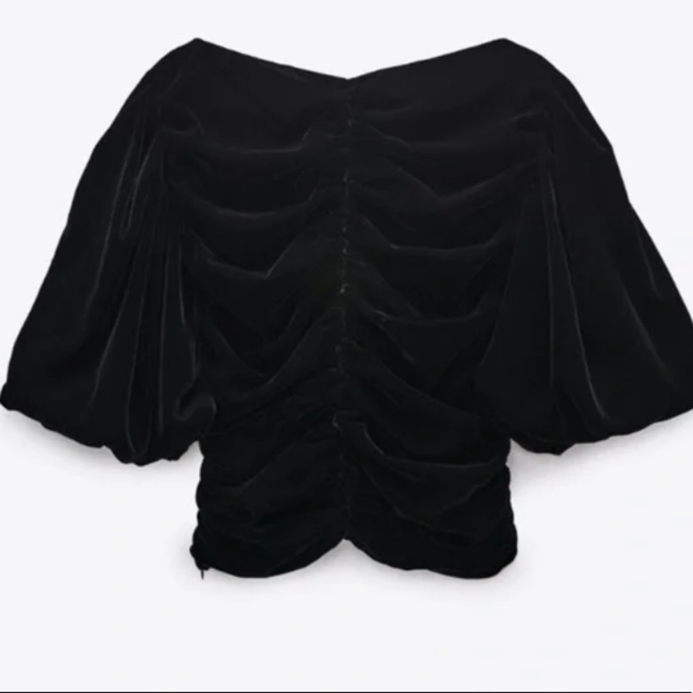NWT Zara Black Top Velvet Puff Short Sleeve XS - Picture 4 of 8